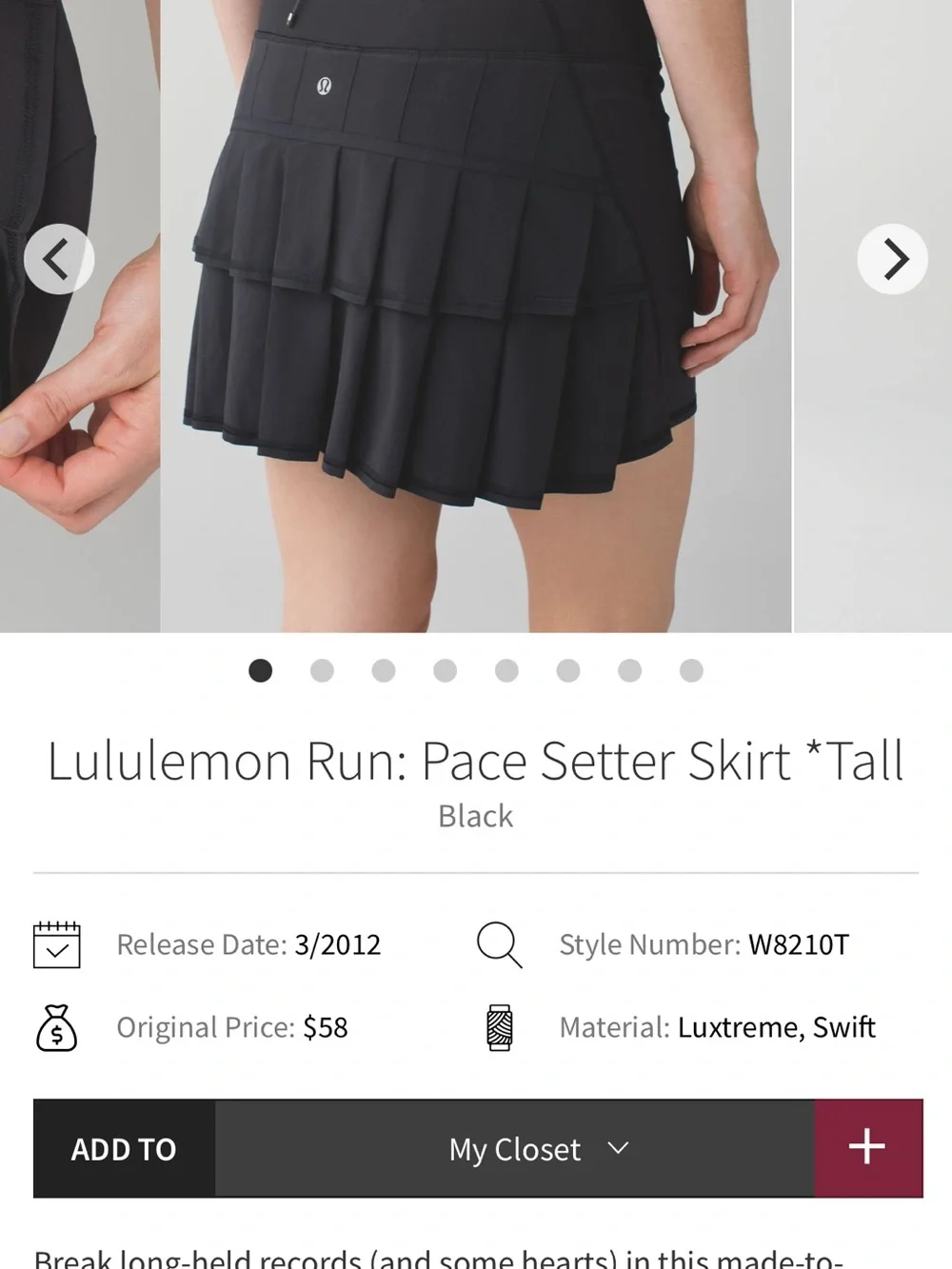 lululemon athletica Black Pace Setter Skirt pleated back 6Tall